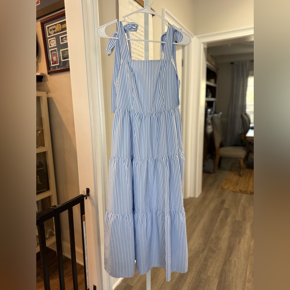 Aureum Boutique Dress Blue & White Stripes with Bow Shoulder Ties Size Small